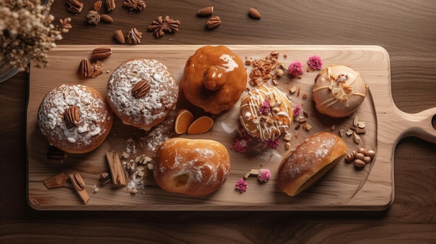 Sweet dessert on a board Top down view