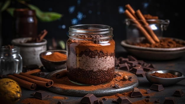 Sweet dessert chocolate pudding with coconut in dark background generative ai