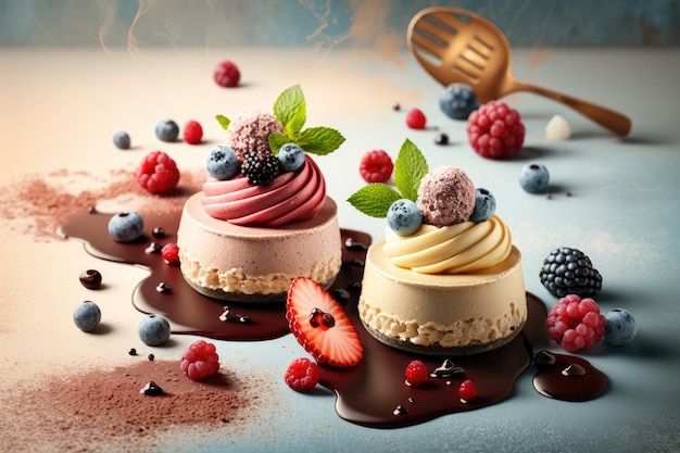 Sweet dessert french mousse cakes with berries and cream on light background created with generative