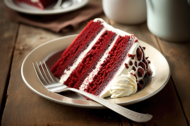 Sweet dessert homemade red velvet cake with cream on plate created with generative ai