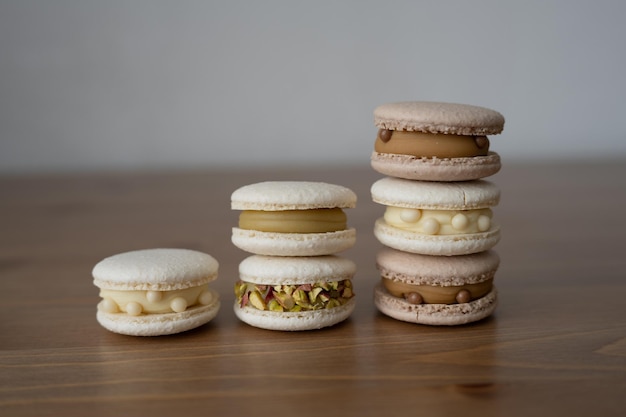 Sweet dessert macaroons on a wooden table