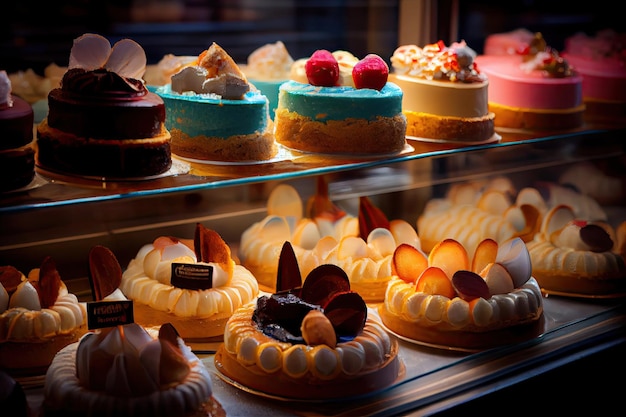 Sweet dessert pastries in kitchen of pastry shop