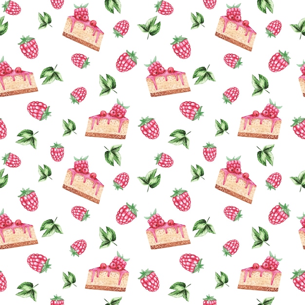 Sweet dessert repeating background, berries cakes and raspberry seamless pattern, candy background