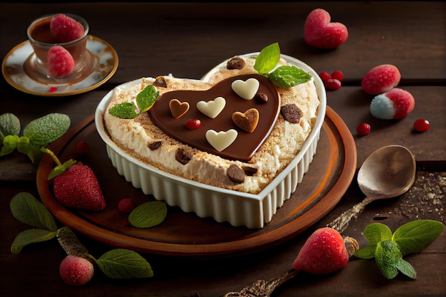 Sweet dessert in shape of heart shaped tiramisu with confectionery decorations