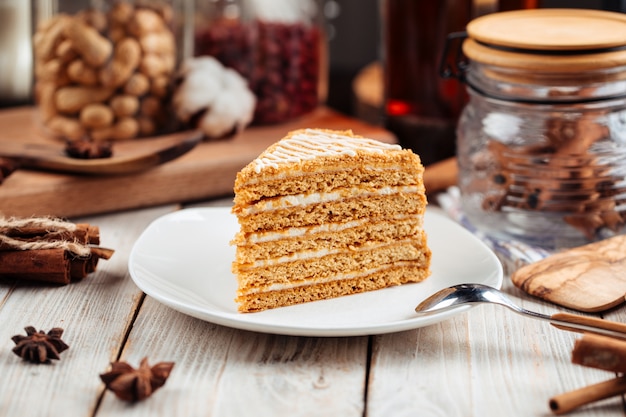 Sweet dessert slice of honey cake on a plate