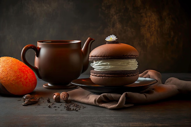 Sweet dessert for tea cool whoopie pie on dark background