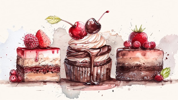 Photo sweet dessert in watercolor style ai generate illustration