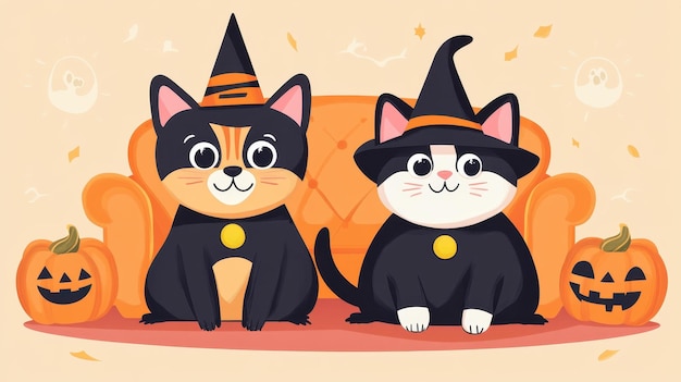 Photo a sweet dog and cat wear fun halloween costumes cozy on a spooky couch with a clean backdrop