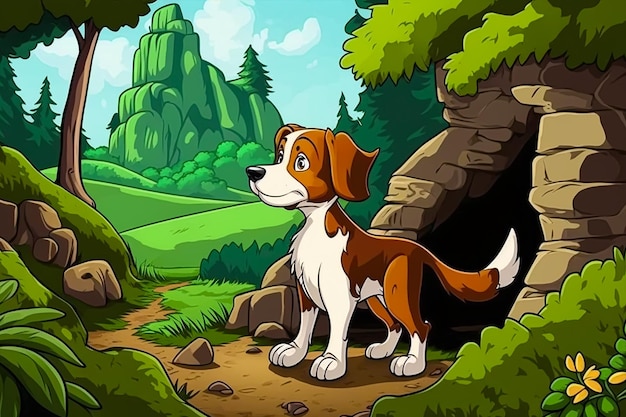 Sweet Dog in the green forest children's book style Generative AI