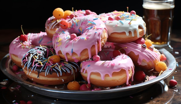 Sweet donut with chocolate icing pink decoration and strawberry indulgence generated by artificial intelligence