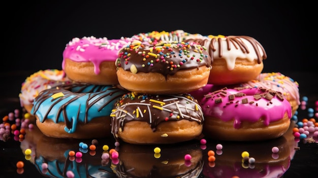 sweet donuts filled with melted chocolate and sprinkles with a blurred background