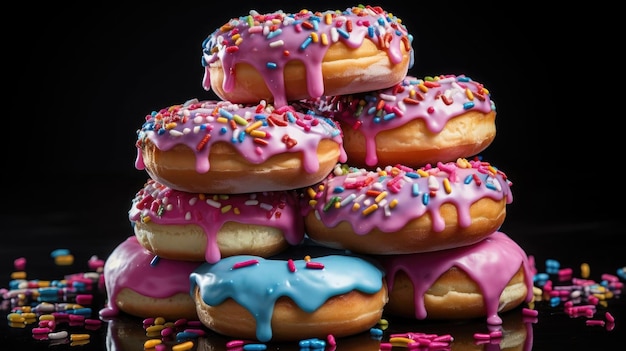 sweet donuts filled with melted chocolate and sprinkles with a blurred background