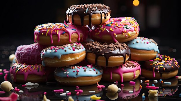 sweet donuts filled with melted chocolate and sprinkles with a blurred background