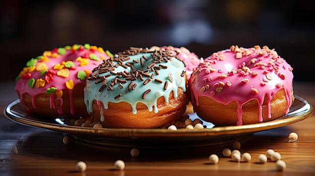 sweet donuts filled with melted chocolate and sprinkles with a blurred background