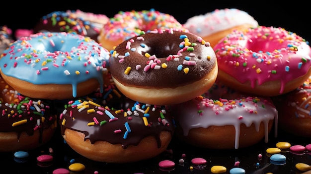 sweet donuts filled with melted chocolate and sprinkles with a blurred background