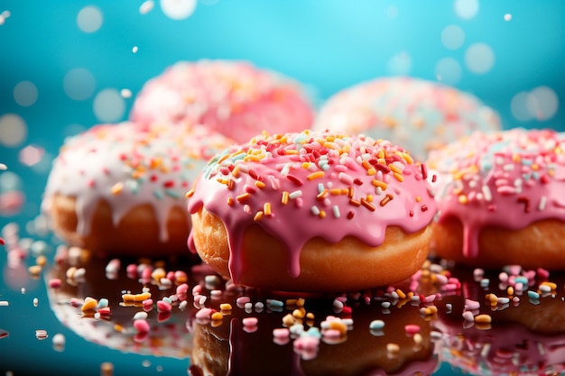 sweet donuts with colorful sprinkles on black background