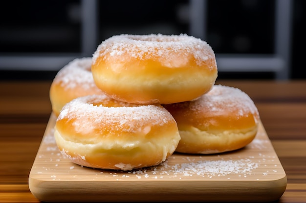 Sweet donuts with powdered sugar on wooden table in the kitchen