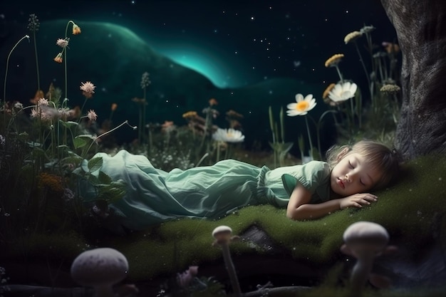 Sweet dreams of little girl cute child sleeping in fantasy forest at night generative AI