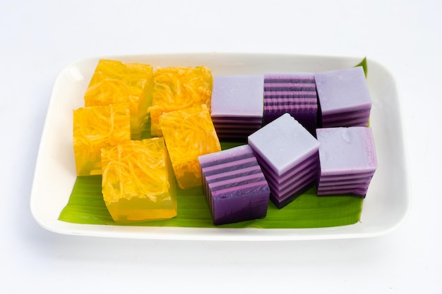 Sweet egg floss jelly and coconut milk with butterfly pea flower jelly