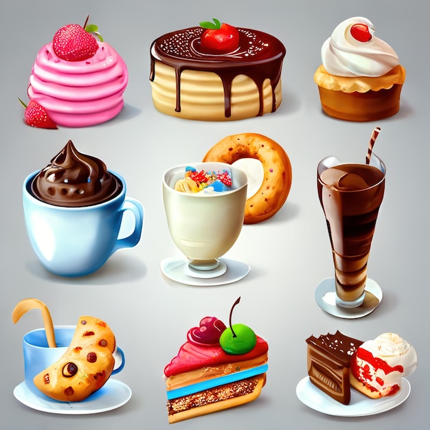 Sweet food Set of 3d icons Cake ice cream panna cotta bubble tea 3d rendering. raster illustration