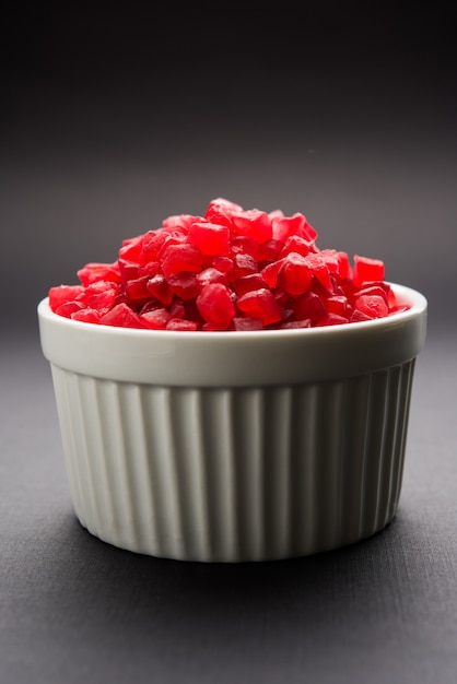 Sweet Fruit Candy Also Know As tutti-frutti, Candied Fruits served in a bowl used in masala pan in india or in cakes or sweets