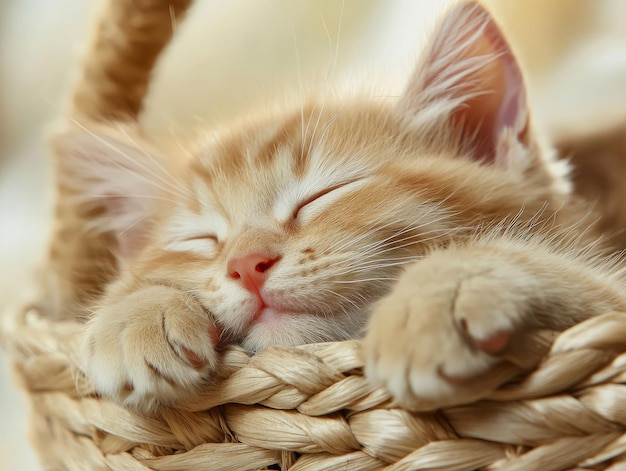 Photo a sweet ginger kitten peacefully sleeps in a woven wicker basket