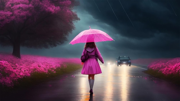 A Sweet girl is walking along the road with a pink umbrella