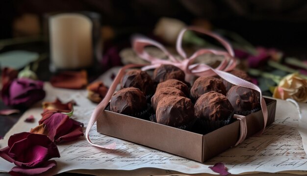 Photo sweet gourmet chocolate truffles on rustic wood table generated by ai