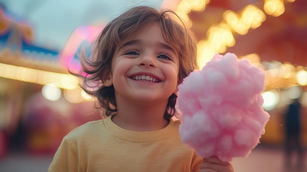 Sweet Happiness Cheerful Child Enjoying Cotton Candy under Bright Lights