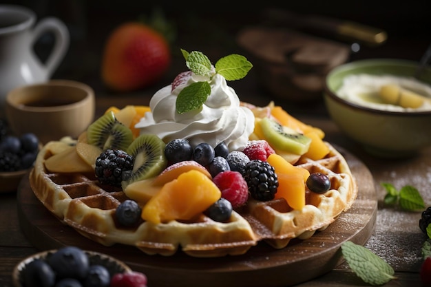 Sweet homemade belgian waffle with whipped cream and fruits