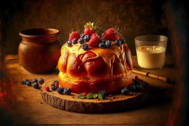 Sweet homemade brioche with caramel cream and berries on wooden table