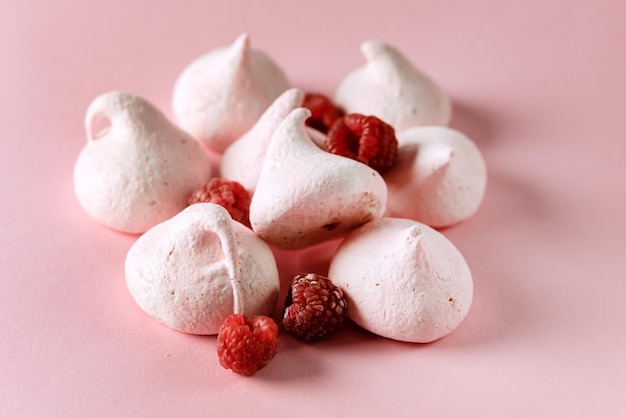 Sweet Homemade Raspberry Merengue on Pink Background Tasty Dessert Horizontal