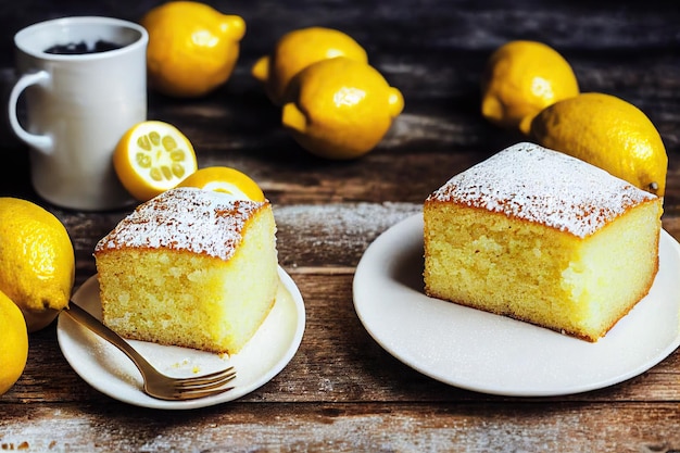 Sweet homemade sugar lemon cake with fruit and powdered sugar on plate on table