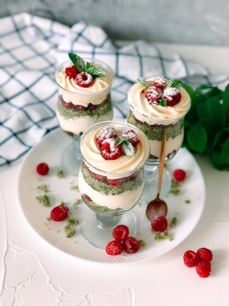 Sweet homemade trifle dessert with raspberries and cream cheese.