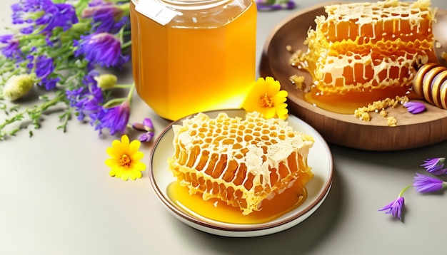 Sweet honeycomb and Jar of fresh honey with stick and wild flowers on table