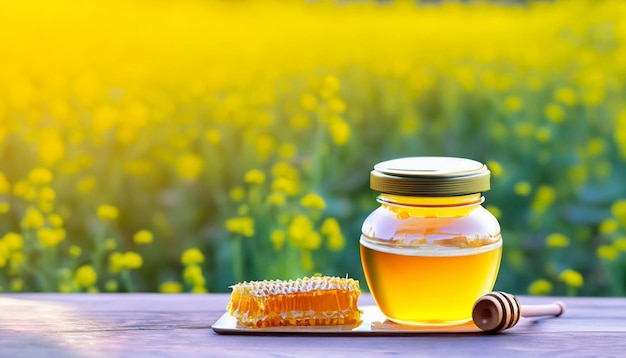 Sweet honeycomb and jar and stick with wild flowers on wooden table and flower garden