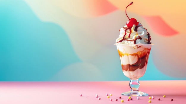 Sweet ice cream sundae with whipped and cherry