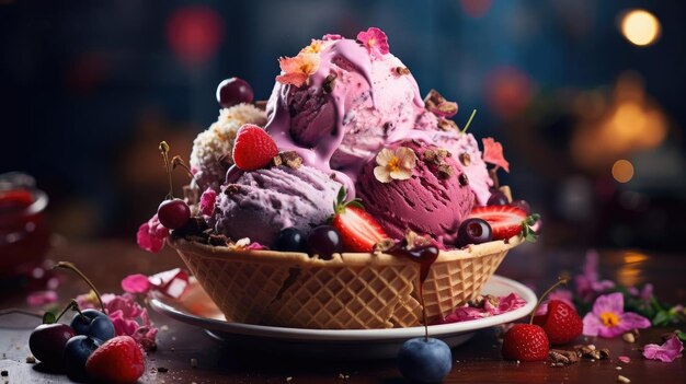 sweet ice cream of various colors and filled with fruit cream and chocolate sprinkles