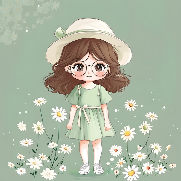 A sweet illustration of a girl wearing glasses in a field of flowers looking adorable and joyful in