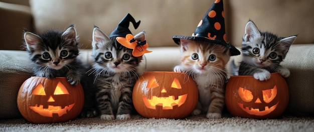 A sweet Kawaii Halloween Cat holding a tiny pumpkin for a festive fall photo shoot Cute kittens in costumes holding JackoLanterns in a studio setting