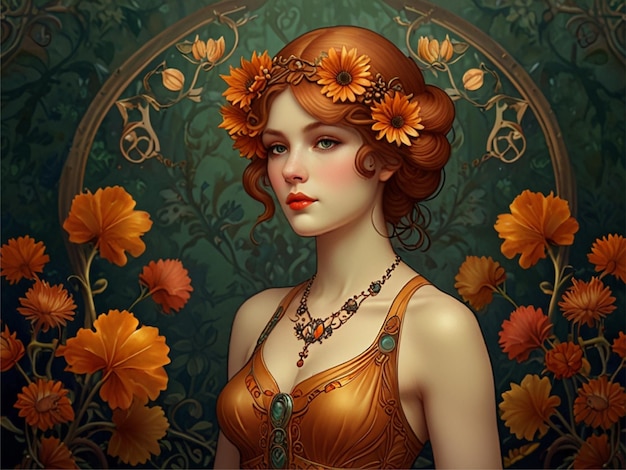 Sweet Lady Illustration with Art Nouveau Style Autumn Poster Background