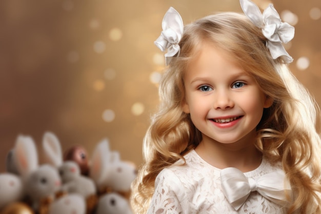 A sweet little girl wearing a white dress and a bow Perfect for childrens fashion or familythemed projects