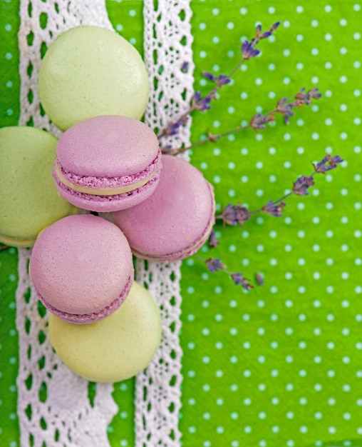 Sweet macaroons on a green napkin vintage color tone