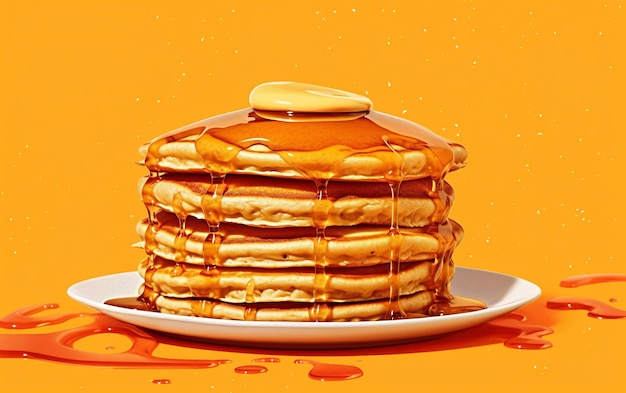 Sweet maple syrup flows from a stack of pancakes over orange background