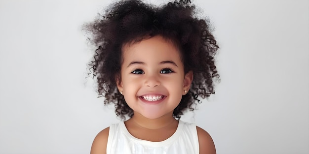 Sweet Mexican toddler girl with afro hair smiles innocently against white background Concept quotPortrait Photography Cultural Diversity Innocent Smile Afro Hair White Backgroundquot