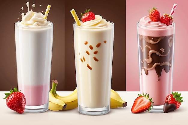 Sweet milk vertical realistic banners set with banana choco and strawberry milk isolated vector illustration