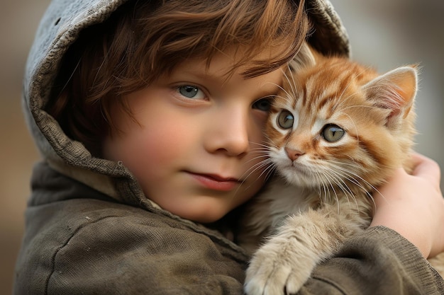 Sweet moment captured A little boy tenderly hugging a kitten with innocence and love in his eyes