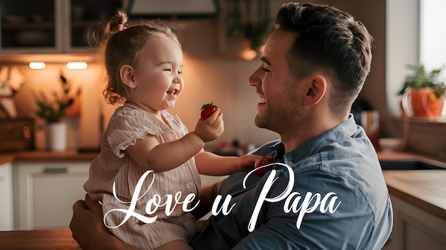 A sweet moment in the kitchen where a toddler girl proudly feeds her father a ripe strawberry