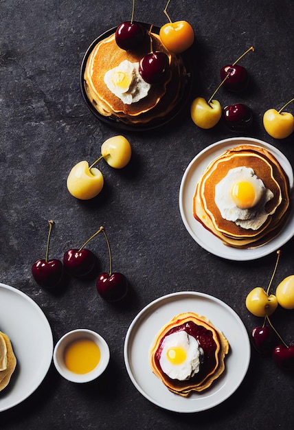 Sweet pancakes with ricotta and cherries black pancakes breakfast top view copy space