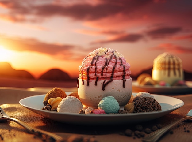 Photo sweet paradise with this 3d ice cream dessert design set against a stunning desert sunset